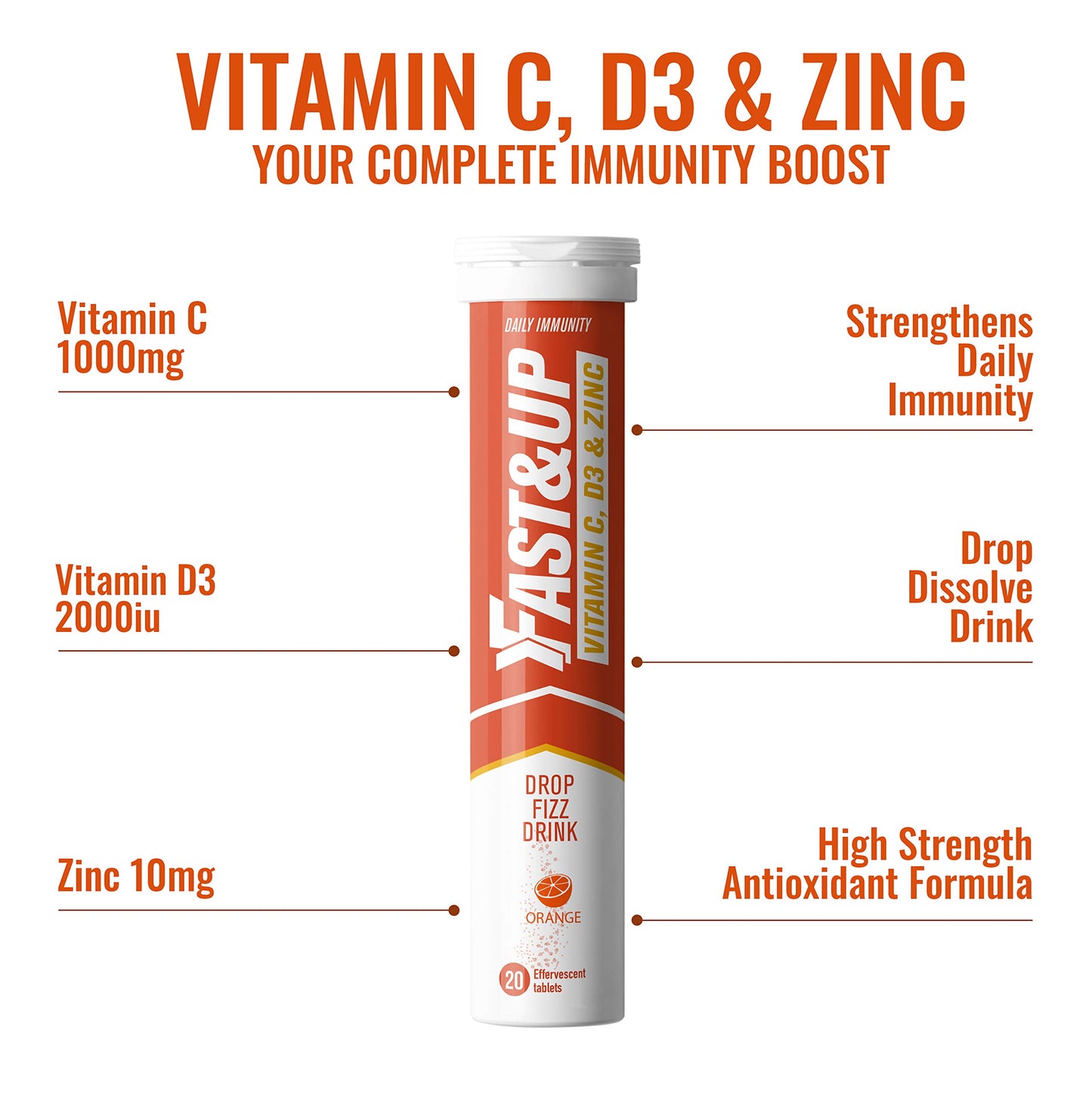 Fast&Up Vitamin C, Vitamin D & Zinc - 20 Effervescent Tablets - Complete Immunity Support - Best Defence - One Daily - Orange Flavour