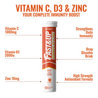 Fast&Up Vitamin C, Vitamin D & Zinc - 20 Effervescent Tablets - Complete Immunity Support - Best Defence - One Daily - Orange Flavour