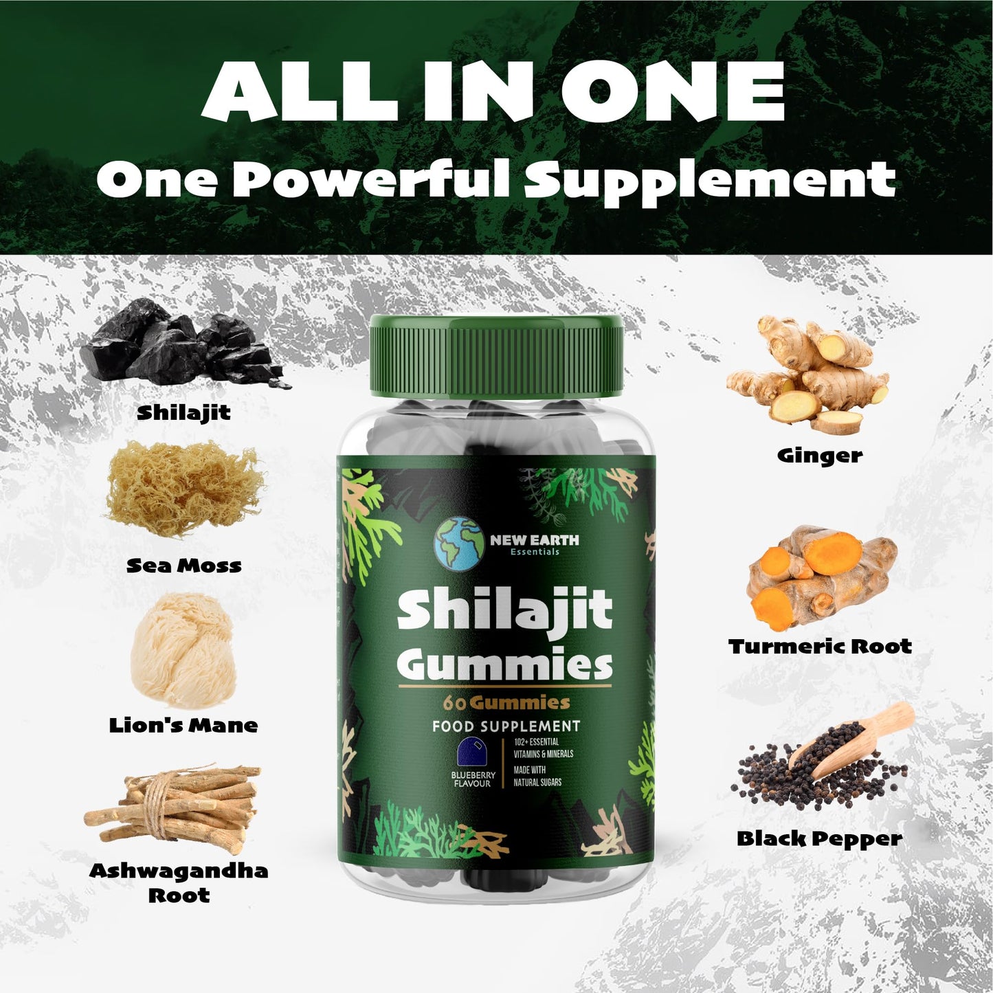 New Earth Essentials Shilajit Gummies with Sea Moss, Lion’s Mane, Ashwagandha, Turmeric, Ginger, Rhodiola, Vitamins D3 & C, Zinc, and Magnesium - 60 Vegan Gummies