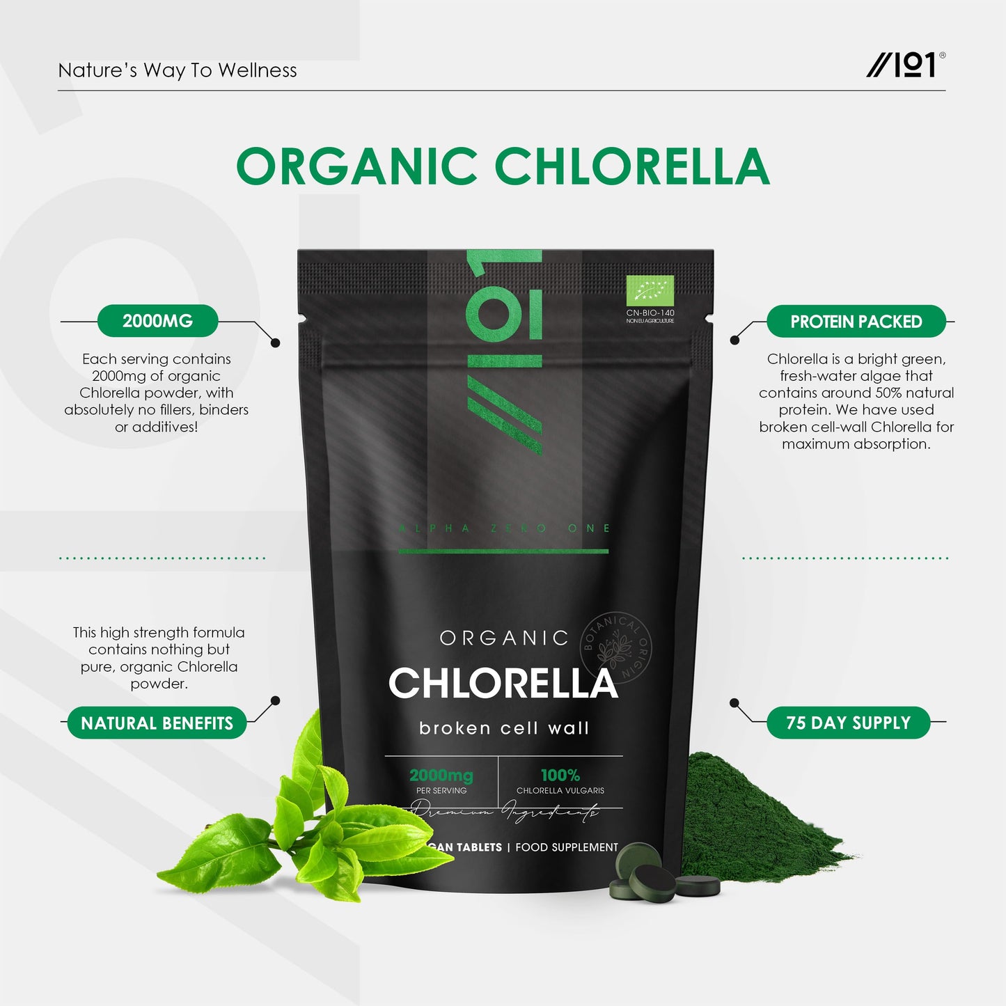ALPHA01 Organic Chlorella 2000mg – 300 Vegan Tablets – Broken Cell Wall – Pure Formula Supplement with no Additives – Resealable and Recyclable Pouch – by Alpha01