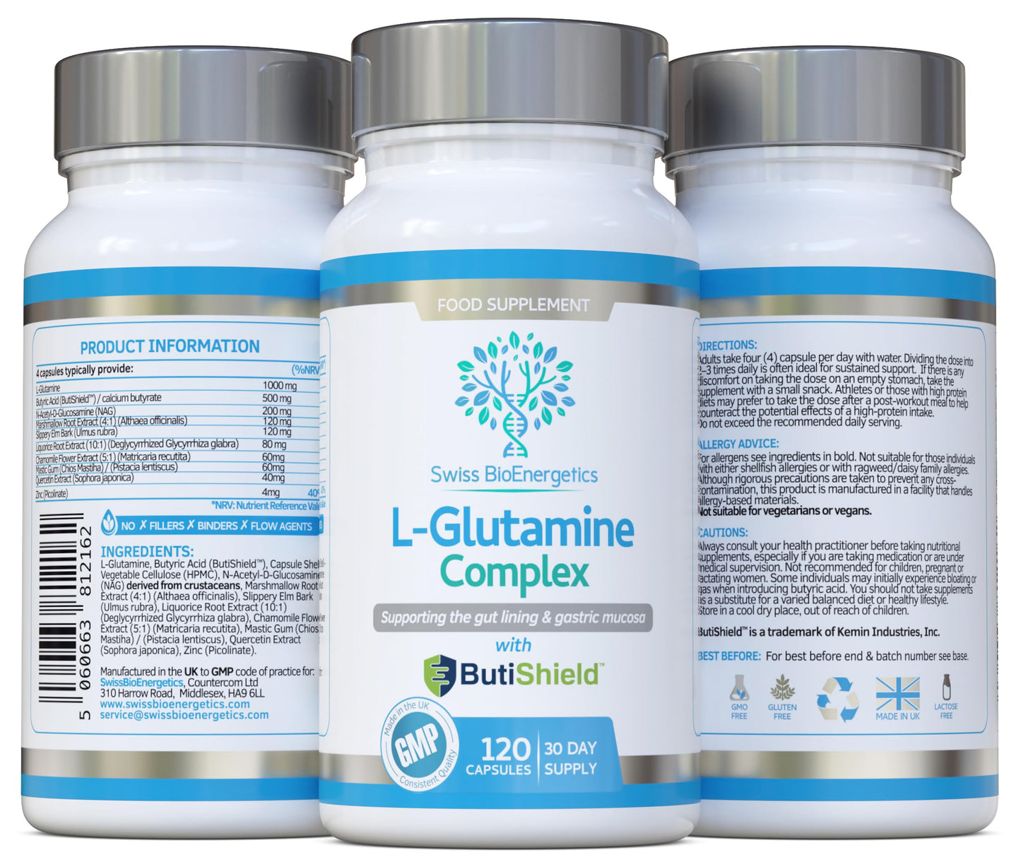 swiss bioenergetics L-Glutamine Complex with Butyric Acid, Glucosamine (N-Acetyl-D), Marshmallow Root, Slippery Elm Bark, Liquorice Root, Chamomile Flower, Mastic Gum, Quercetin & Zinc - UK Made and No Artificial Nasties