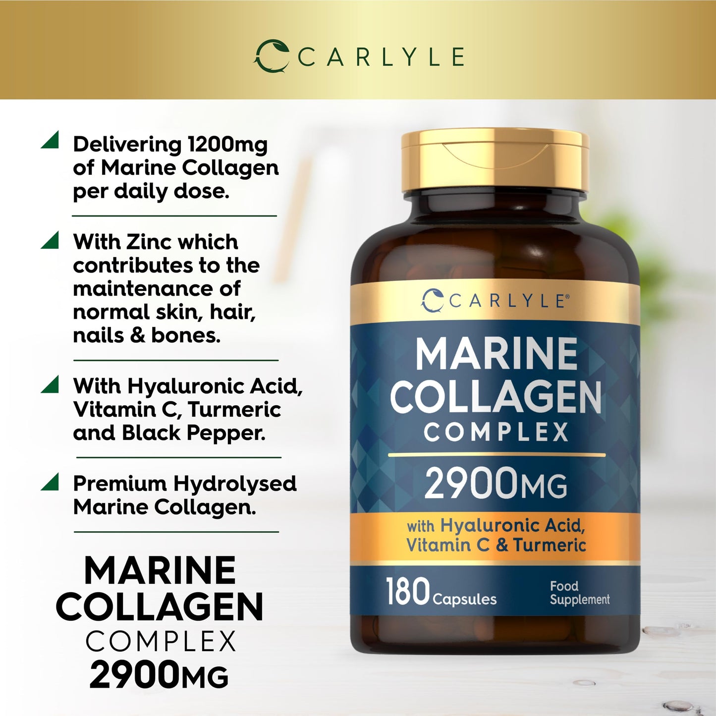 Marine Collagen with Hyaluronic Acid 2900mg | Complex with Vitamins C, E B2, Biotin & More! | Marine Collagen Capsules | 180 Count | by Carlyle