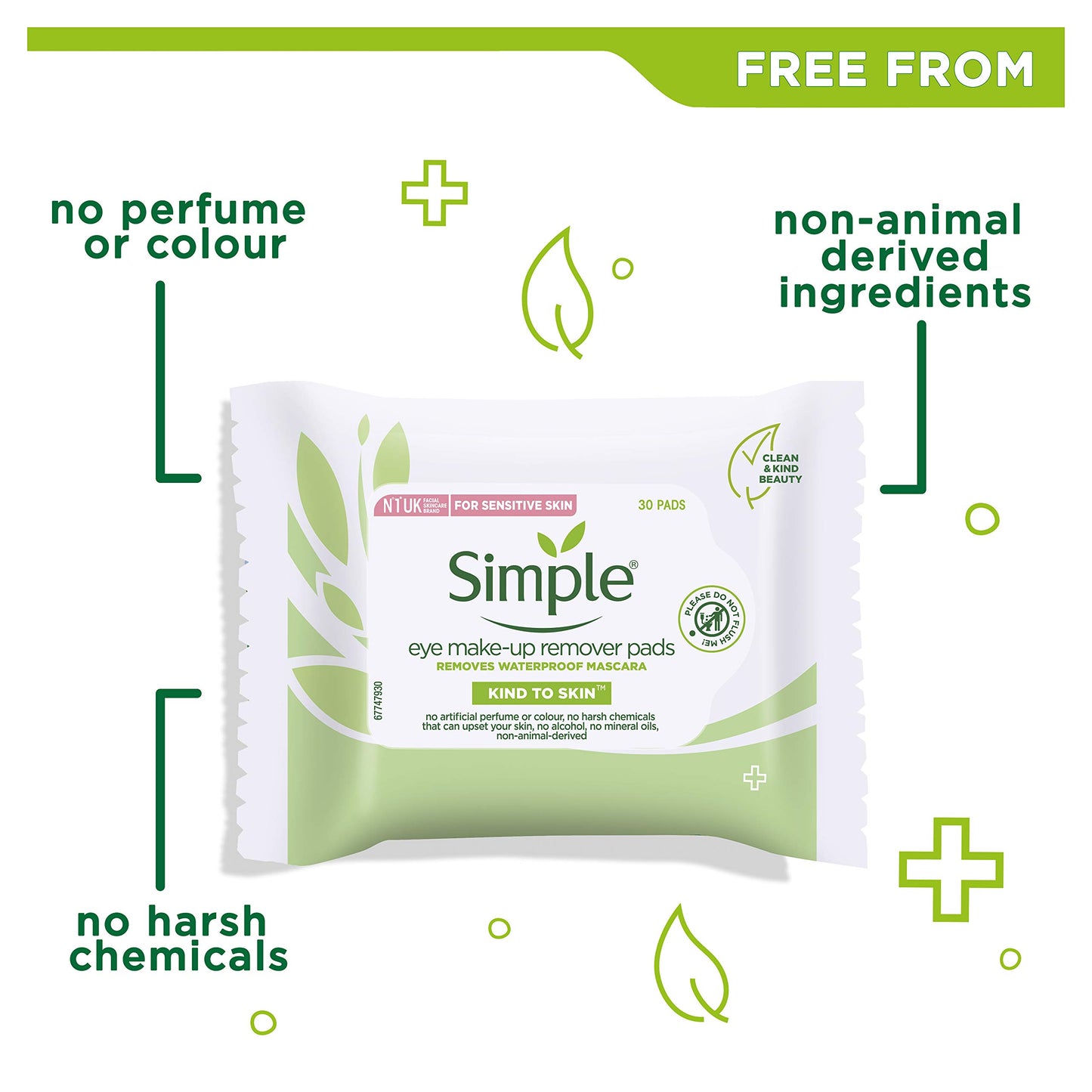 Simple Kind to Skin Eye Make-Up Remover With No Harsh Chemicals Pads to Remove Make-Up, Even Waterproof Mascara 30 Pieces