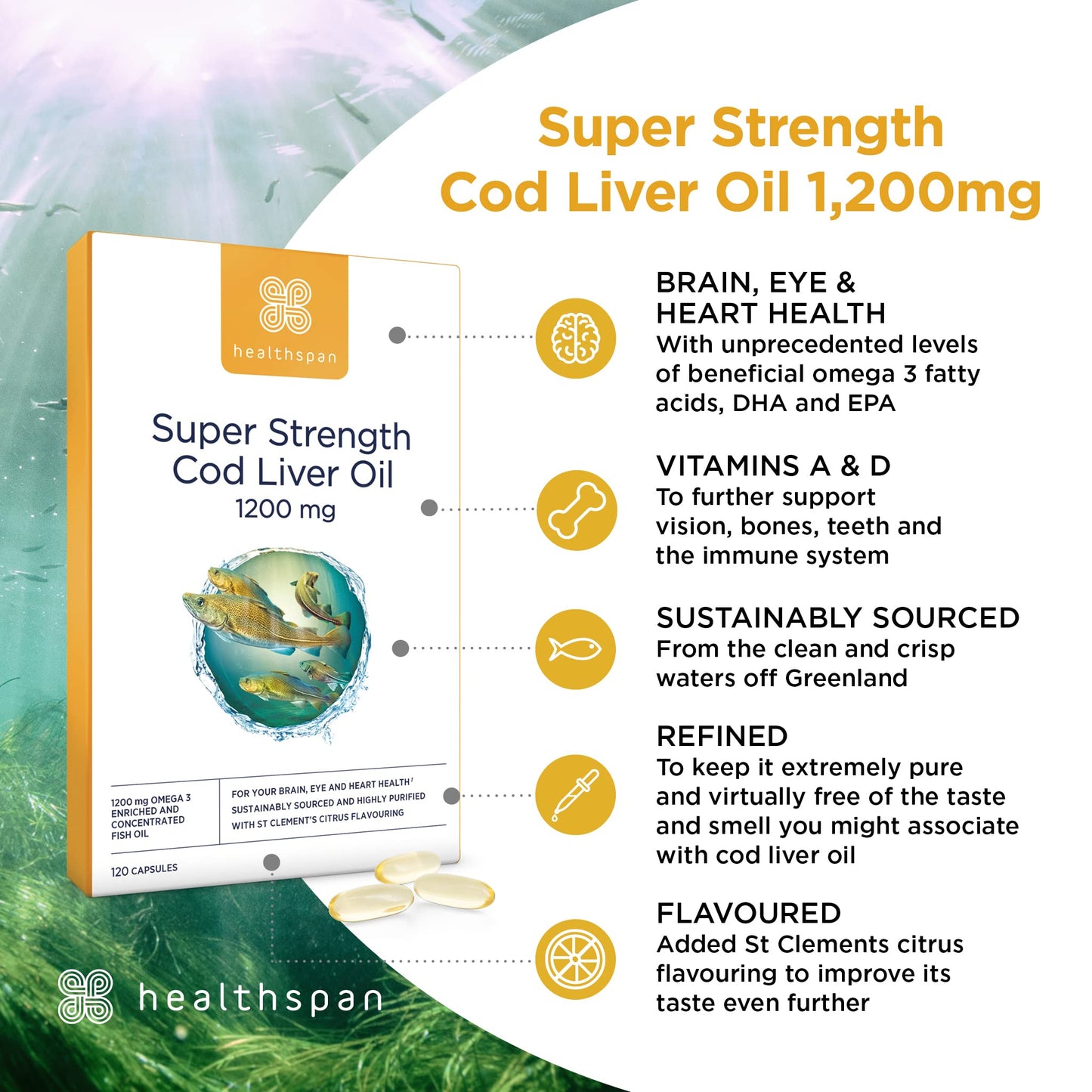 Healthspan Super Strength Cod Liver Oil 1,200mg (120 Capsules) | Supports Heart, Brain & Eye Health | Added Vitamin A, D3 and Calcium | Rich in Omega-3 Fatty Acids DHA & EPA | Sustainably Sourced