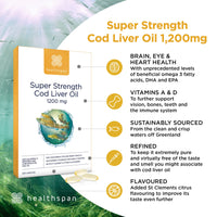 Healthspan Super Strength Cod Liver Oil 1,200mg (120 Capsules) | Supports Heart, Brain & Eye Health | Added Vitamin A, D3 and Calcium | Rich in Omega-3 Fatty Acids DHA & EPA | Sustainably Sourced