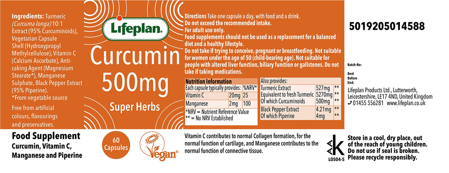 Lifeplan Super Herbs Curcumin 500mg (60 Capsules) — with Vitamin C and Manganese and Piperine — 60-Day Supply