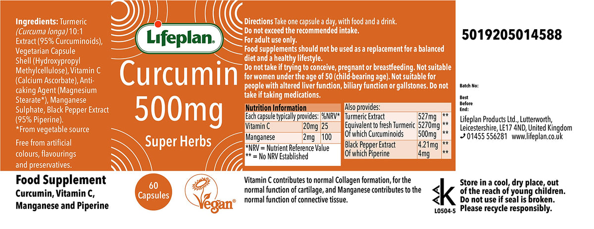 LIFEPLAN Lifeplan Super Herbs Curcumin 500mg (60 Capsules) — with Vitamin C and Manganese and Piperine — 60-Day Supply