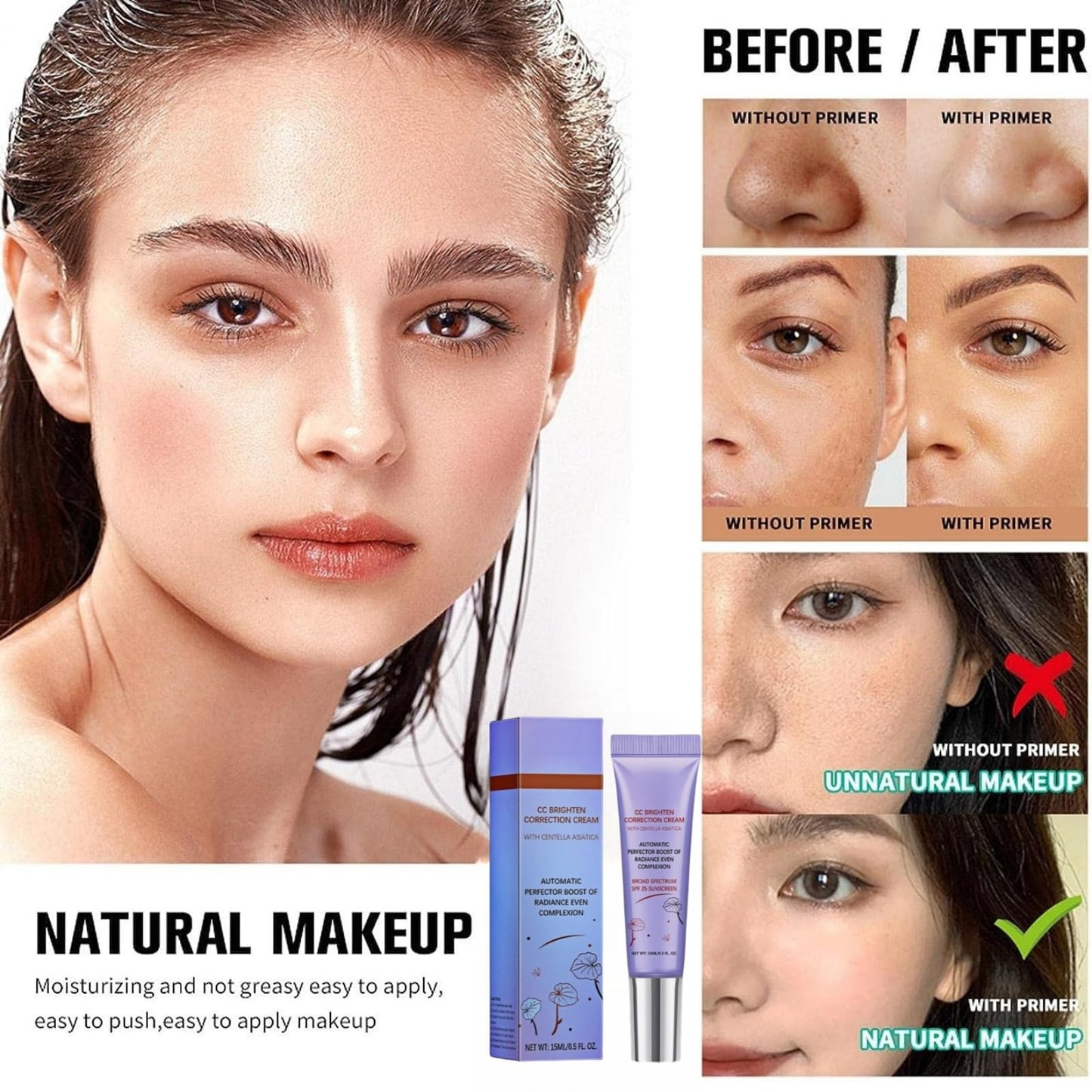 QinZiEn Colour Correcting Cream,Centella Asiatica CC Cream,Korean Colour Corrector,CC Cr-eam,Tinted Face Moisturiser,Skin Tint Moisturiser,Boosting & Soothing Effects,Long Lasting Concealer,Tinted Moisturiser