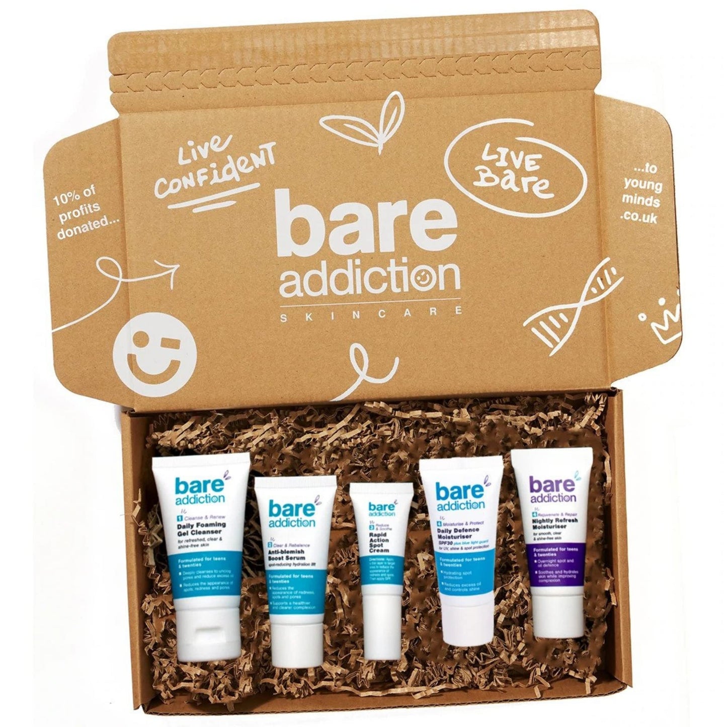 Bare Addiction Travel Size Skincare Moisturiser Cleanser Serum and Spot Cream Starter Kit: Daily Foaming Cleanser & Anti Blemish Boost Serum