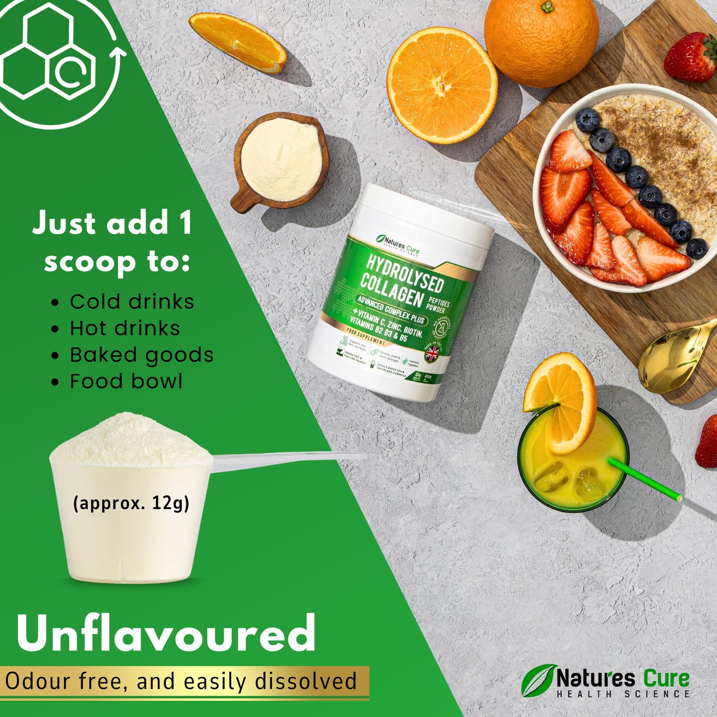 Natures cure Premium Collagen Powder Complex – Bovine Collagen Peptides 450g- Enriched with Essential B Vitamins, Vitamin C, Zinc & Biotin – Pure Hydrolysed Collagen Supplement – by Natures Cure