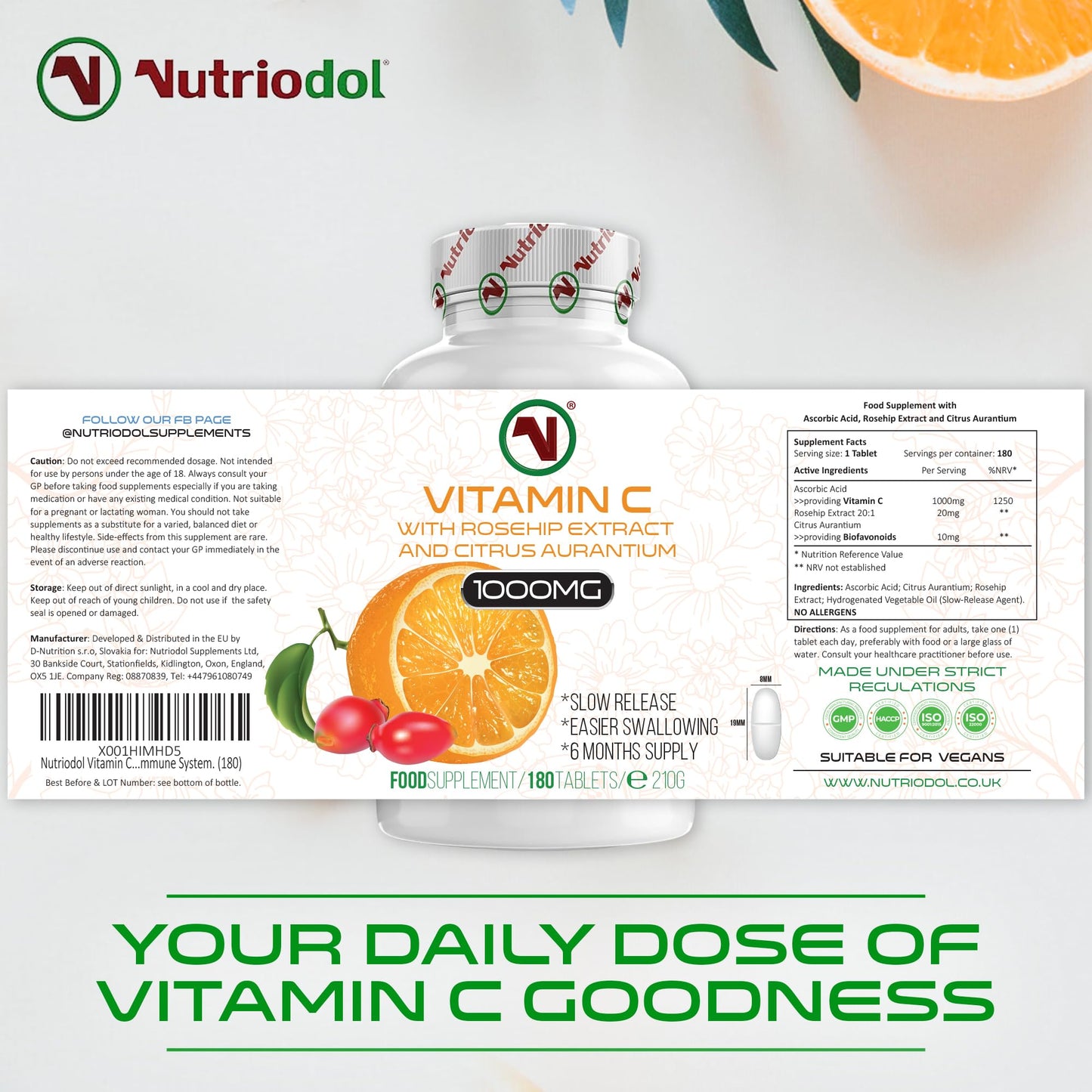 Nutriodol Vitamin C with Rosehip & Bioflavonoids 180 Tablets | 1000mg Easy to Swallow Tablets | Slow Release | Contributes to The Normal Function of The Immune System.
