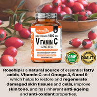 NUTRABYTES High Strength Vitamin C and Zinc Capsules | Vitamin C 1500mg and Zinc 40mg | Enhanced with Rosehip and Citrus Bioflavonoids | for Maintenance of Normal Immune System | 180 Vegan Capsules | Made in UK
