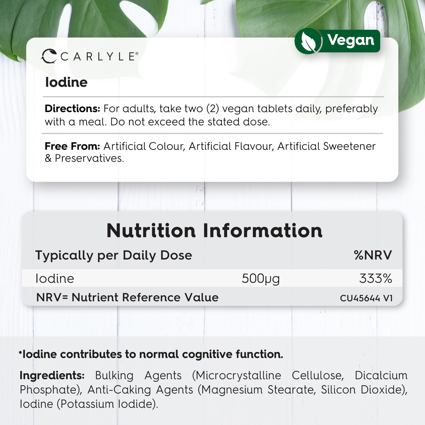 Iodine Tablets 500mcg | High Strength Iodine Supplement | 365 Vegan Tablets | by Carlyle