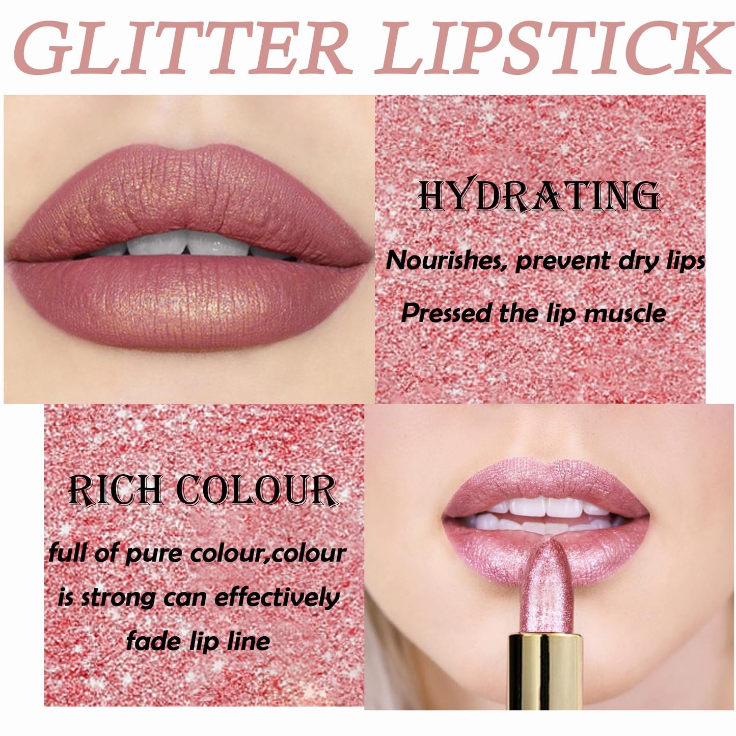 GEEWHILE Lipstick, Glitter Metallic Lipstick, Shimmer Non-Stick Cup Pink Lipstick, Long Lasting, Waterproof Hydrating Lip Stick Lip Gloss, Not Fade Non Drying Lipstick for Girls Women