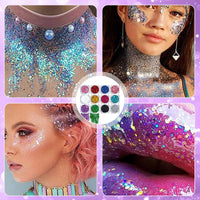 Benaewa 12 Pcs Face Glitter Festival, Colourful Chunky Hair Glitter, Body Paint Glitter Gel for Eye Nail DIY