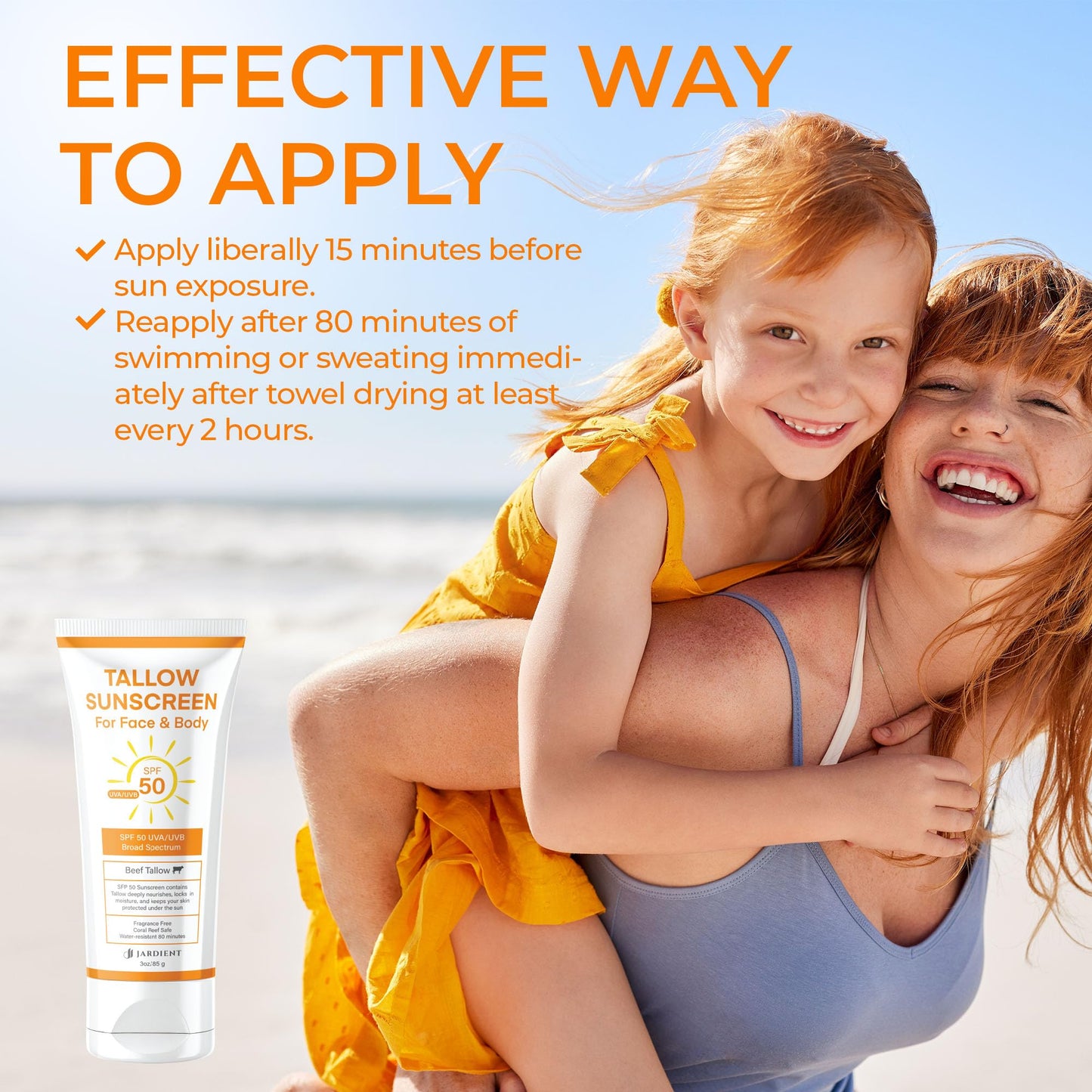 Jardient Beef Tallow Sunscreen SPF 50 with Mineral : Instant Sun Protection-Non Nano Zinc Oxide Sunblock-Beach Jogging Outdoor Sports - 3 Fl oz, 85g