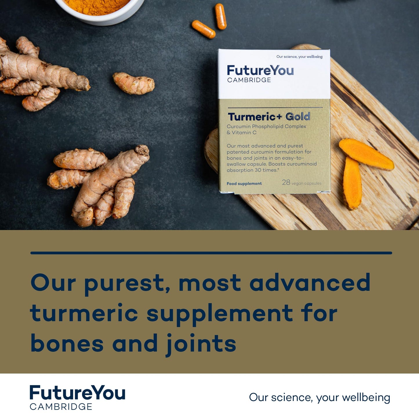 Turmeric+ Gold Supplement – 28 Turmeric Capsules High Strength – Curcumin Capsule Patented Meriva Formulation with Vitamins C & D – Turmeric Tablets for Bones, Joints & Muscles by FutureYou Cambridge.