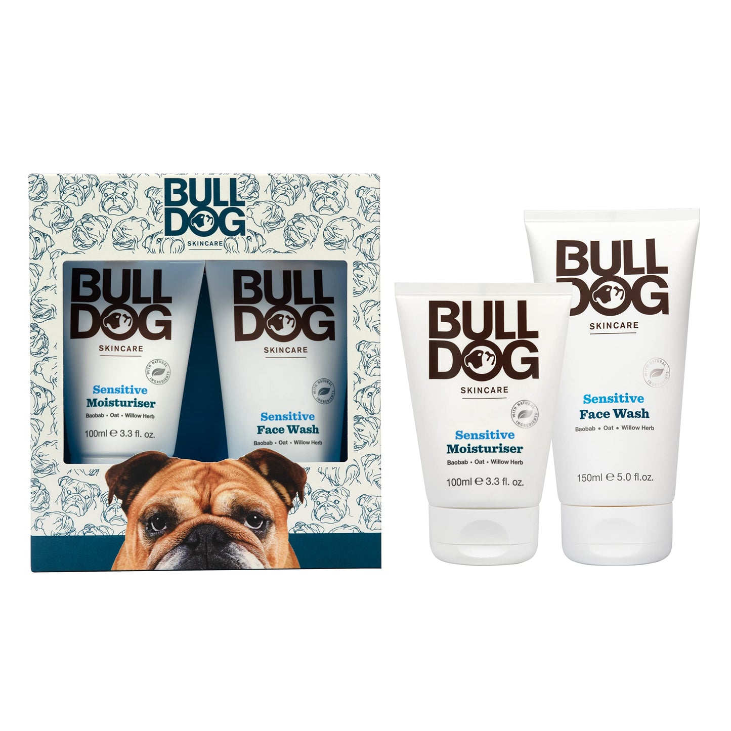 Bulldog Skincare - Sensitive Skincare Duo, Gift Set for Men (x1 Sensitive Moisturiser 100 ml, x1 Sensitive Face Wash 150 ml)