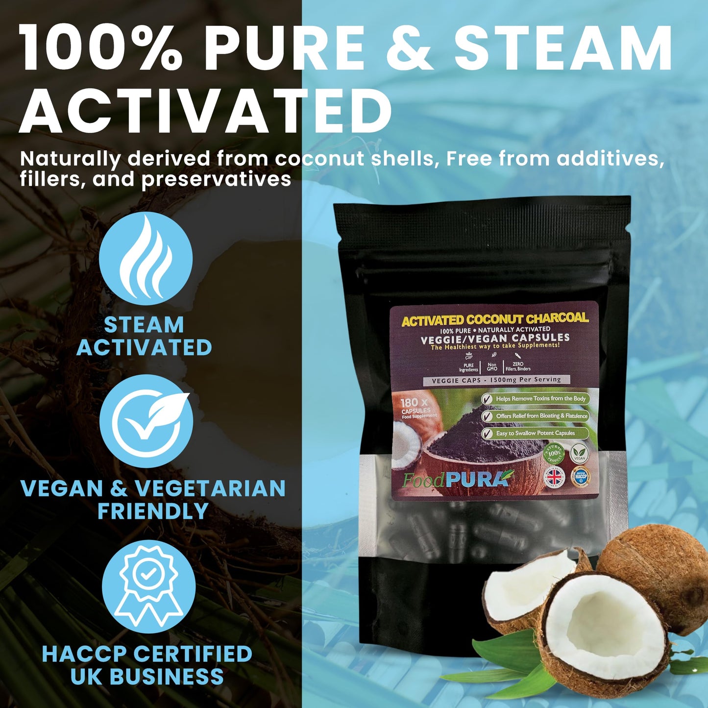 FoodPURA Coconut Activated Charcoal Capsules 1500mg x 180 100% Natural Vegan Digestive Supplement Reduces Bloating & Flatulence After Eating (180)