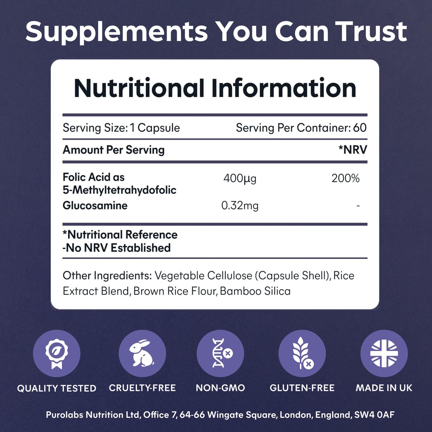 Purolabs Quatrefolic® Folate Supplement - Active 5-MTHF Methylated Folate 400μg with Glucosamine 320μg - High Strength Bioavailable B9 - Pregnancy Support - Vegan - 60 Capsules