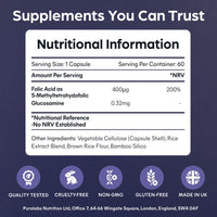 Purolabs Quatrefolic® Folate Supplement - Active 5-MTHF Methylated Folate 400μg with Glucosamine 320μg - High Strength Bioavailable B9 - Pregnancy Support - Vegan - 60 Capsules