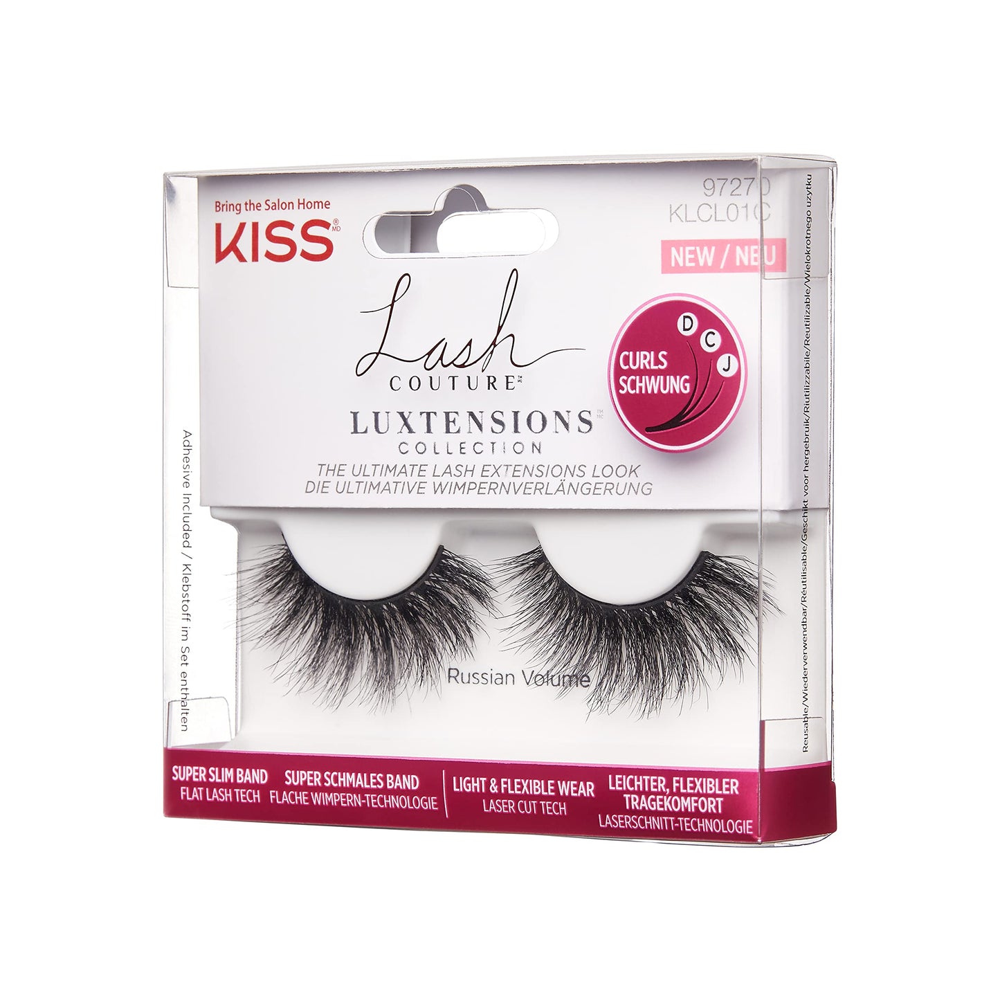 KISS Lash Couture LuXtensions Collection 1 Pair of Fake Lashes, Russian Volume, Light and Flexible Faux-Mink Eyelash with Super Slim Band includes Lash Glue