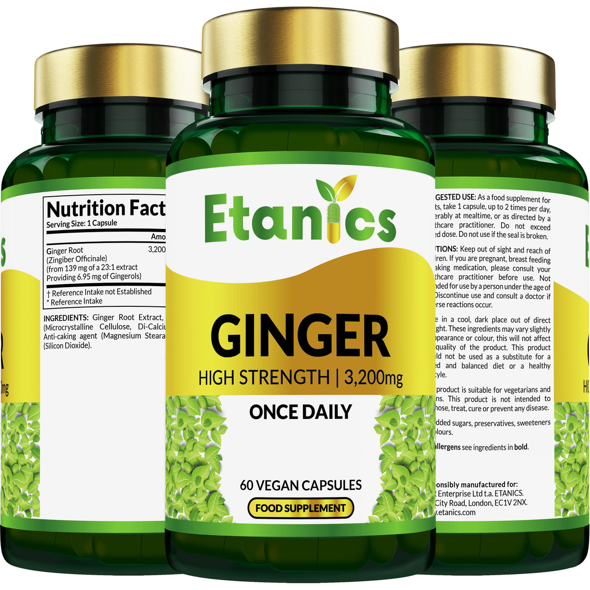 Etanics Ginger Capsules |High Strength 3200mg Ginger Root Extract Supplement | for Sickness, Nausea & Joint Pain |Suitable for Vegetarians and Vegans - Made in The UK