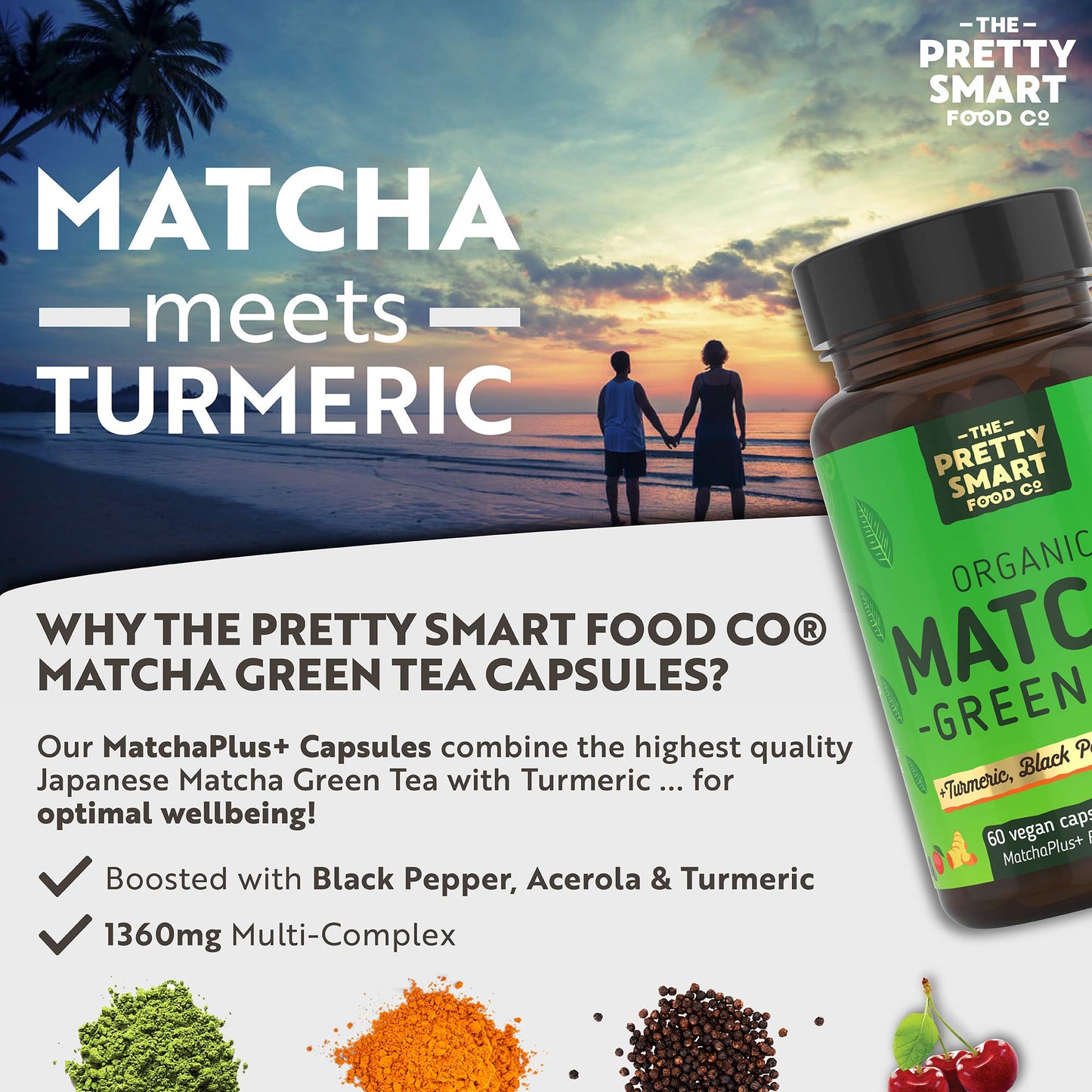 Green Tea Extract Capsules - Organic Matcha Green Tea Tablets - Boosted with Turmeric, Acerola Cherry & Black Pepper - 1360MG Complex - Green Tea Supplement - 60 Capsules - UK Made
