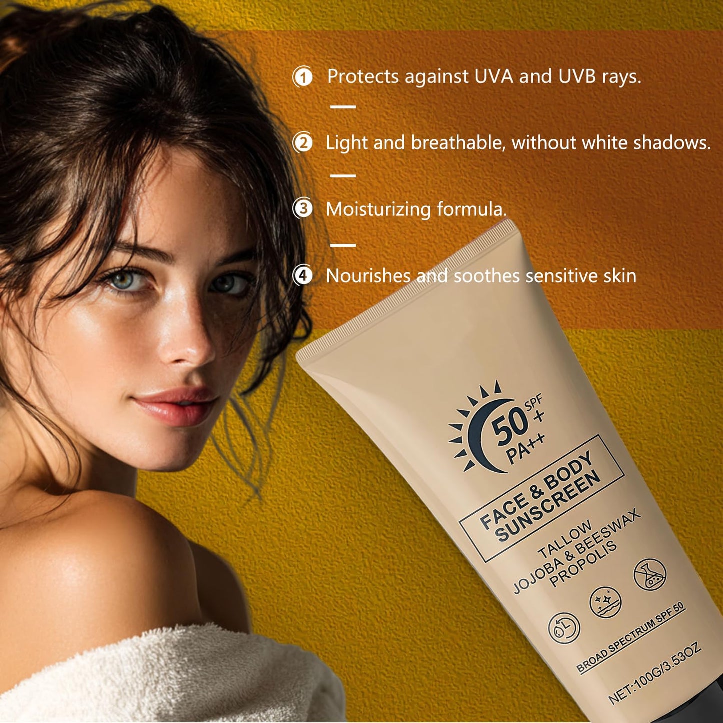 Wormeer Beef Tallow Sun Cream SPF 50+, Natural Sunscreen & Face Moisturiser, Grass Fed Tallow Sunscreen for Dry Sensitive Skin, No White Cast, Non Greasy, 100g