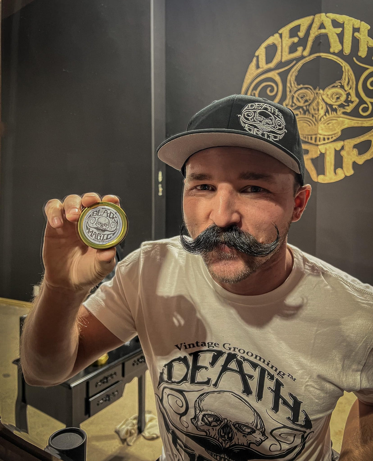 THE VINTAGE GROOMING CO. Black Mustache Wax | Black Magic Death Grip Moustache Wax | Hide Grey Hair In Beard Or Moustache | Extra Strong Hold Mustache Wax Unscented | 1 oz Tin Heat Source Required