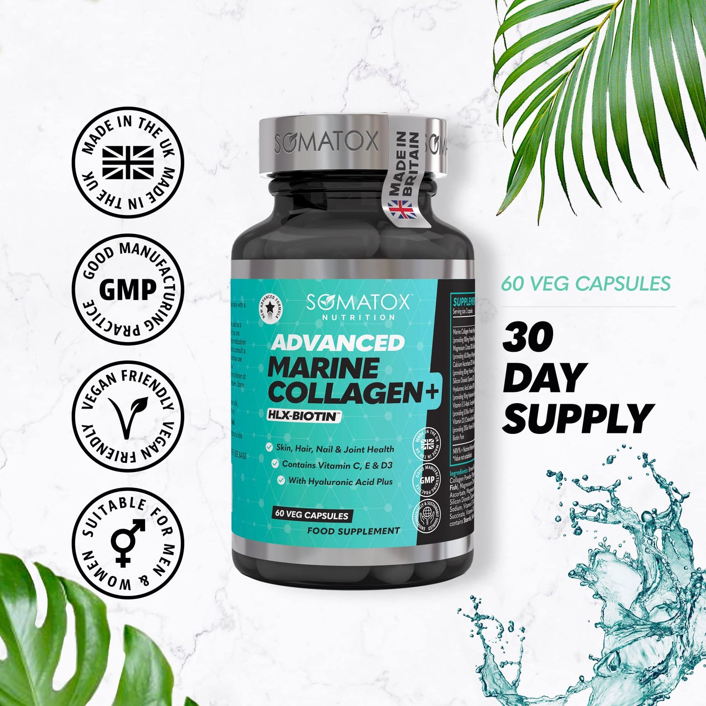 Somatox New Advanced Marine Collagen Plus – with HLX-BIOTIN™ Complex - Hydrolysed Type 1 with Hyaluronic Acid Plus & Vitamins C, E & D3-30 Day Supply Veg Capsules – Made UK GMP Certified