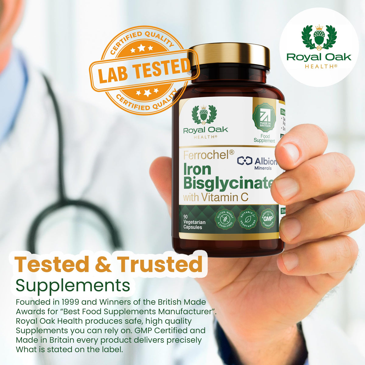 Royal Oak Health Ferrochel® Chelated Iron Bisglycinate with Vitamin C | 90 Capsules | 3 Month Supply | High Absorption, Enhanced Bioavailability Gentle on Stomach Iron | Made in Britain