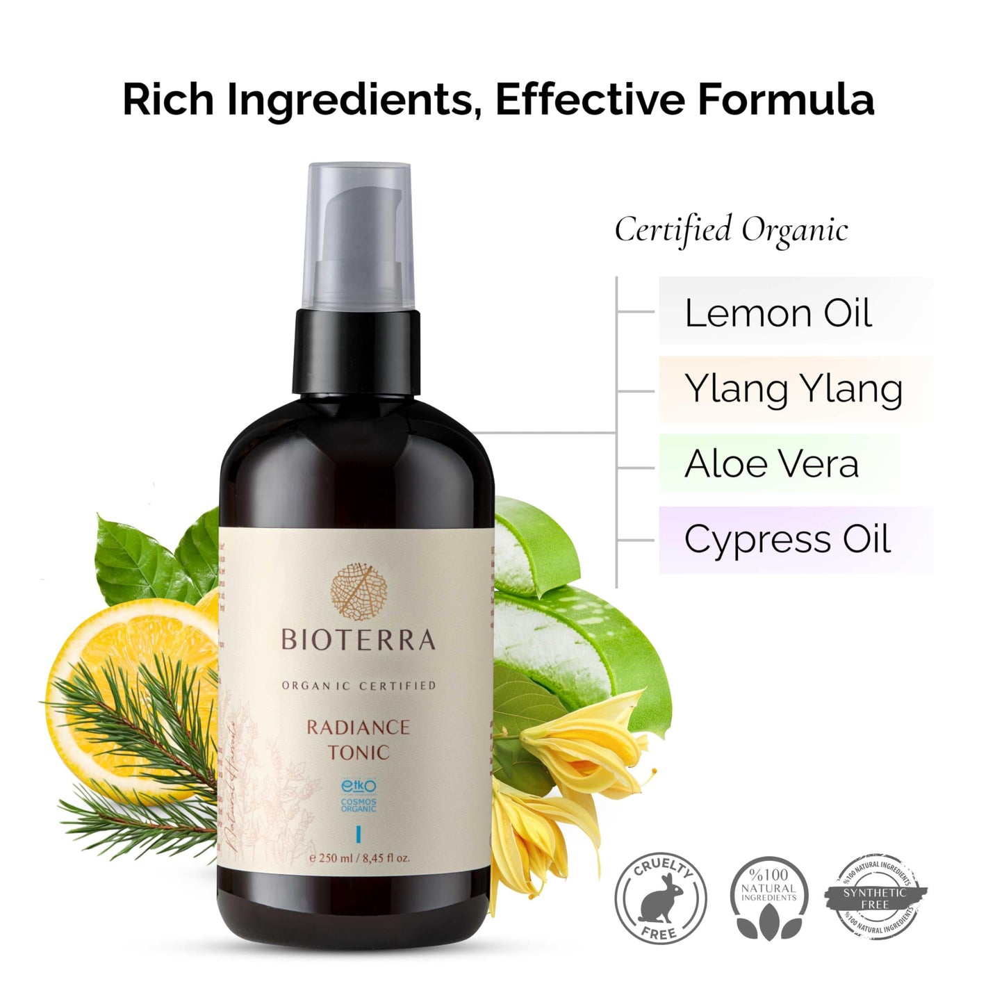 Bioterra Organic Radiance Face Tonic, Refreshing, Balance & Glow, Normal & Combination Skin, Prebiotic and Organic Essential Oils, 250 ml