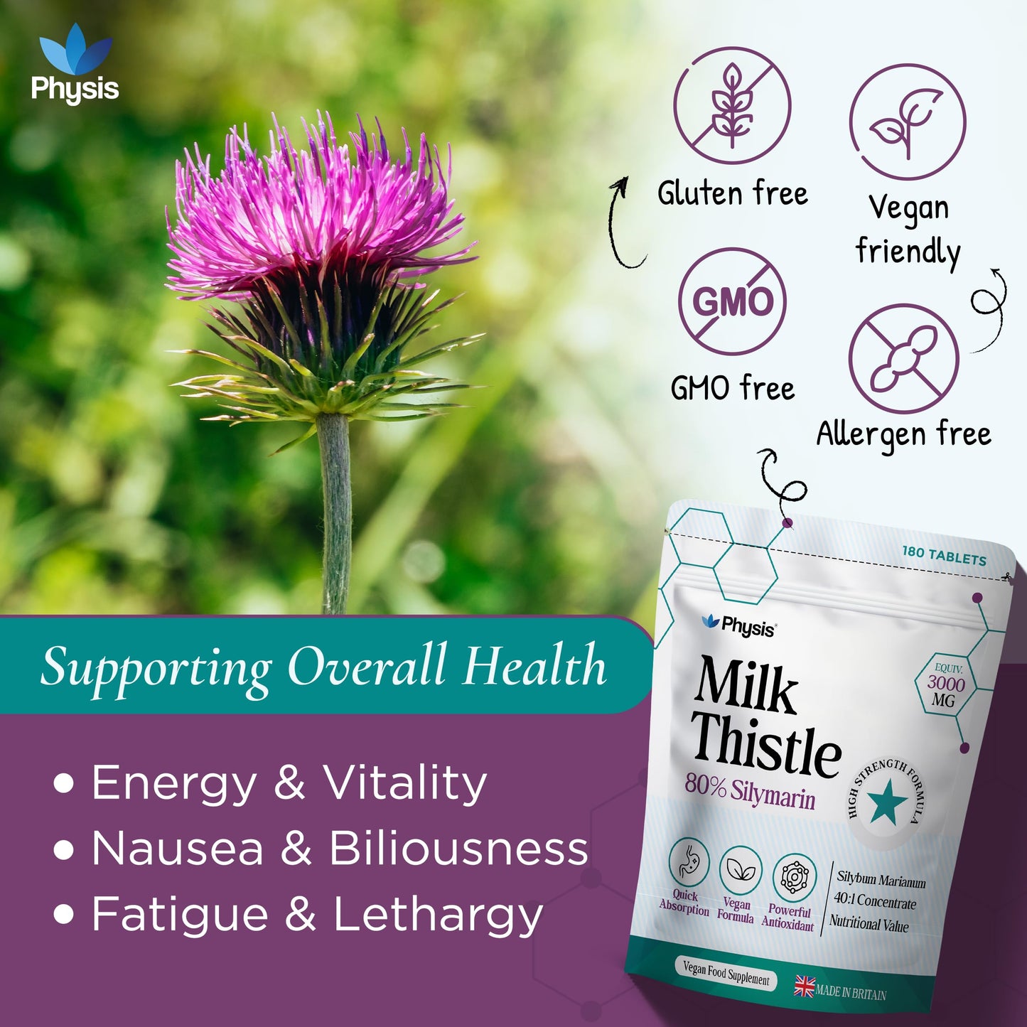 Physis Milk Thistle High Strength Food Supplement | 80% Silymarin | Milk Thistle Seeds | 180 x Tablets | Vegan Food Supplement | Made in Britain