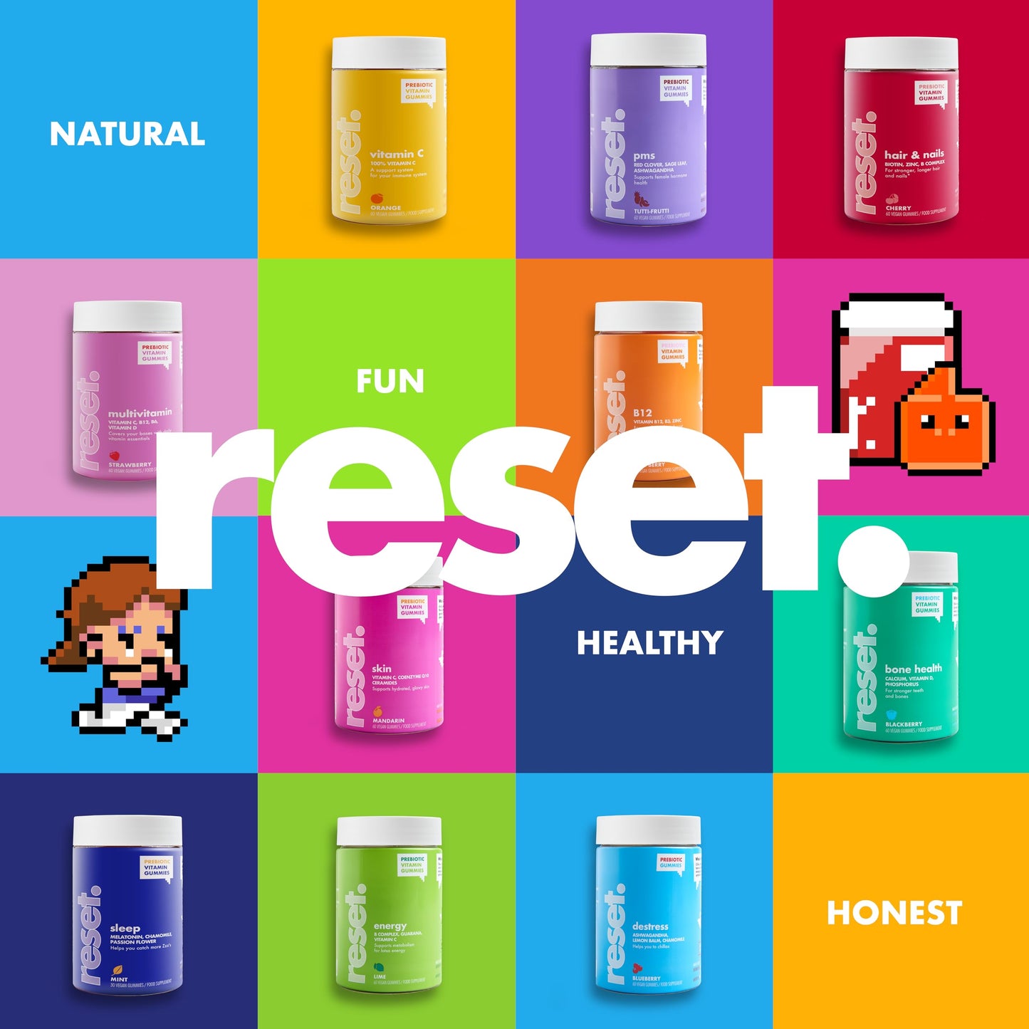 Reset This. Multivitamin Gummies 60 Vegan Strawberry Flavour Chewable Gummy Vitamin C & D, B12, B6, Essential Vitamins & Minerals, Reduces Tiredness & Fatigue Gluten Free Natural Flavours Prebiotic