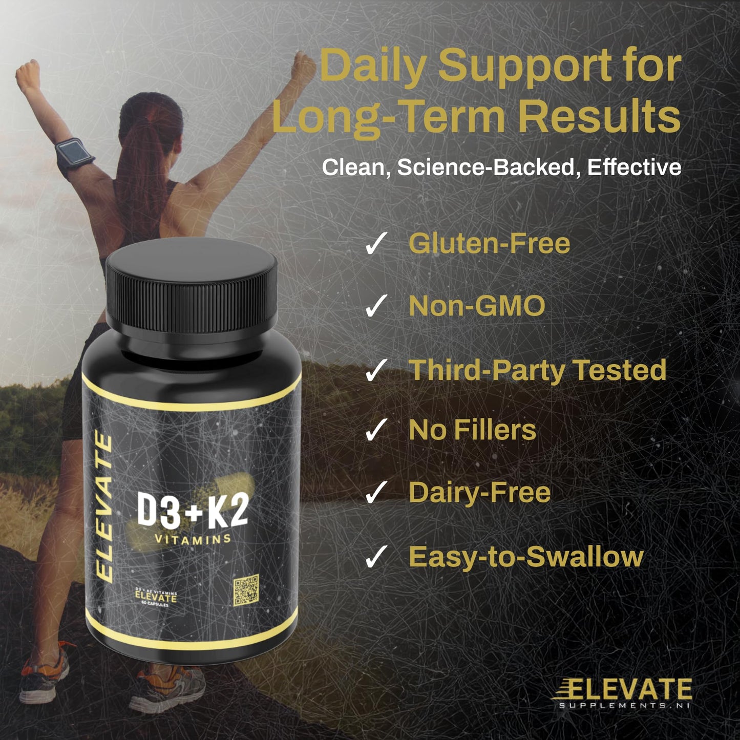 ElevateSupplementsNI Elevate Supplements Vitamins D3 + K2, 60 Capsules | High Strength Vitamin Supplement for Bone, Brain, Heart, Immune & Muscle Support | Bioactive & Antioxidant Formula | Daily Calcium Absorption Aid