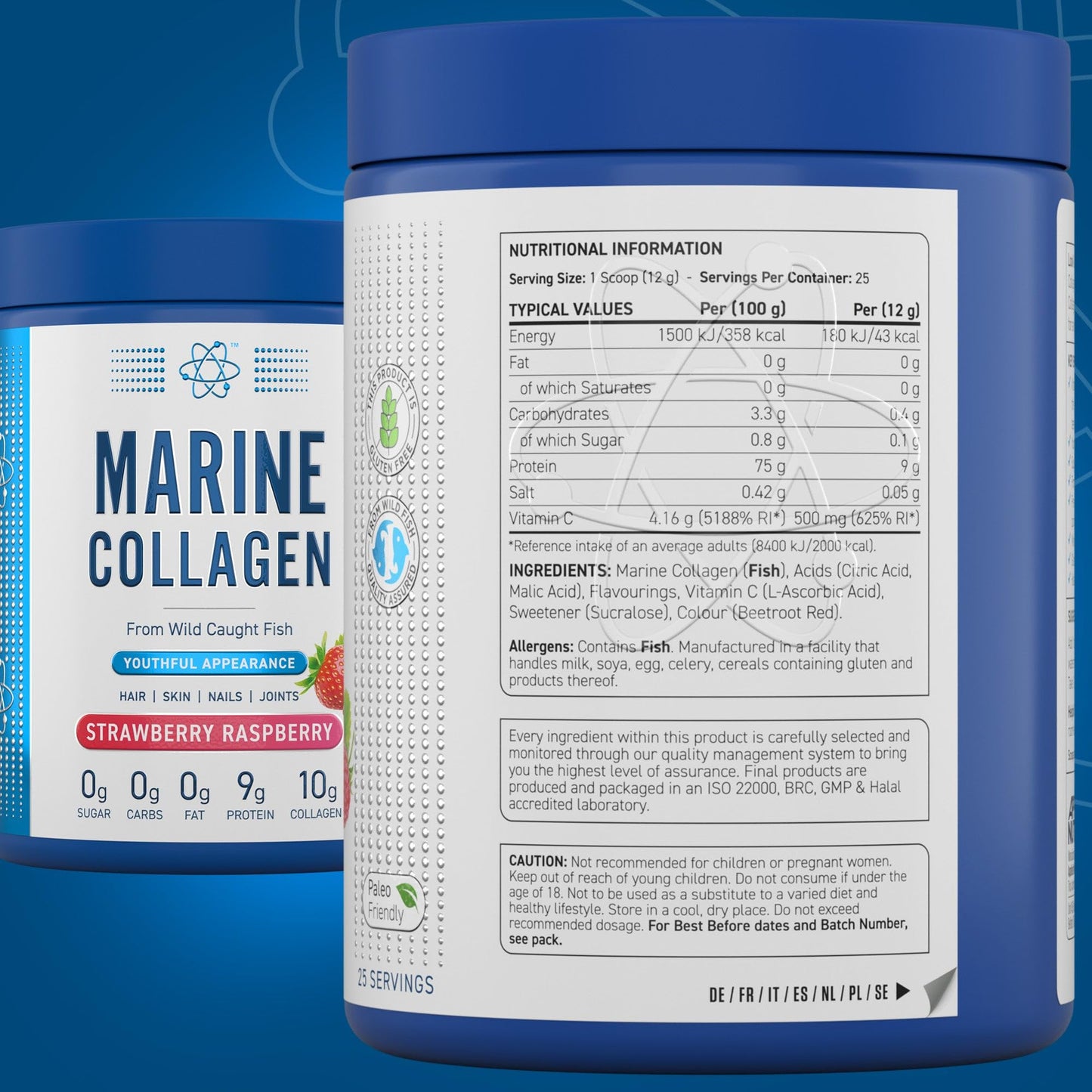 Applied Nutrition Marine Collagen Powder - Hydrolysed Collagen Protein, Healthy Skin, Hair, Nails (Strawberry & Raspberry) (300g - 25 Servings)