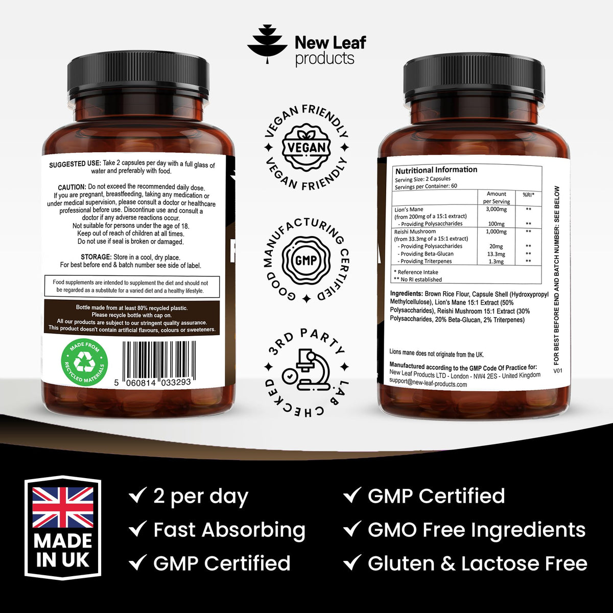 NEW LEAF PRODUCTS Lions Mane Capsules 4000mg + Reishi Mushroom - Lions Mane Supplement High Strength Supplement - 120 Vegan Lion Mane Powder Capsules - Made in UK By New Leaf