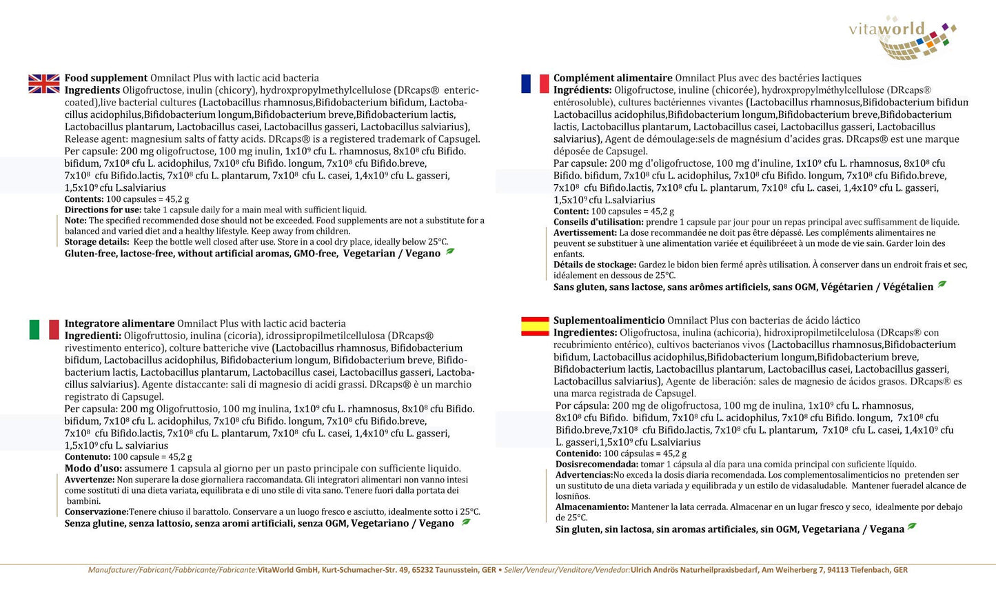 Vita World Omnilact Plus 100 Capsules Lactobacillus Bifidobacterium Probiotic Made in Germany