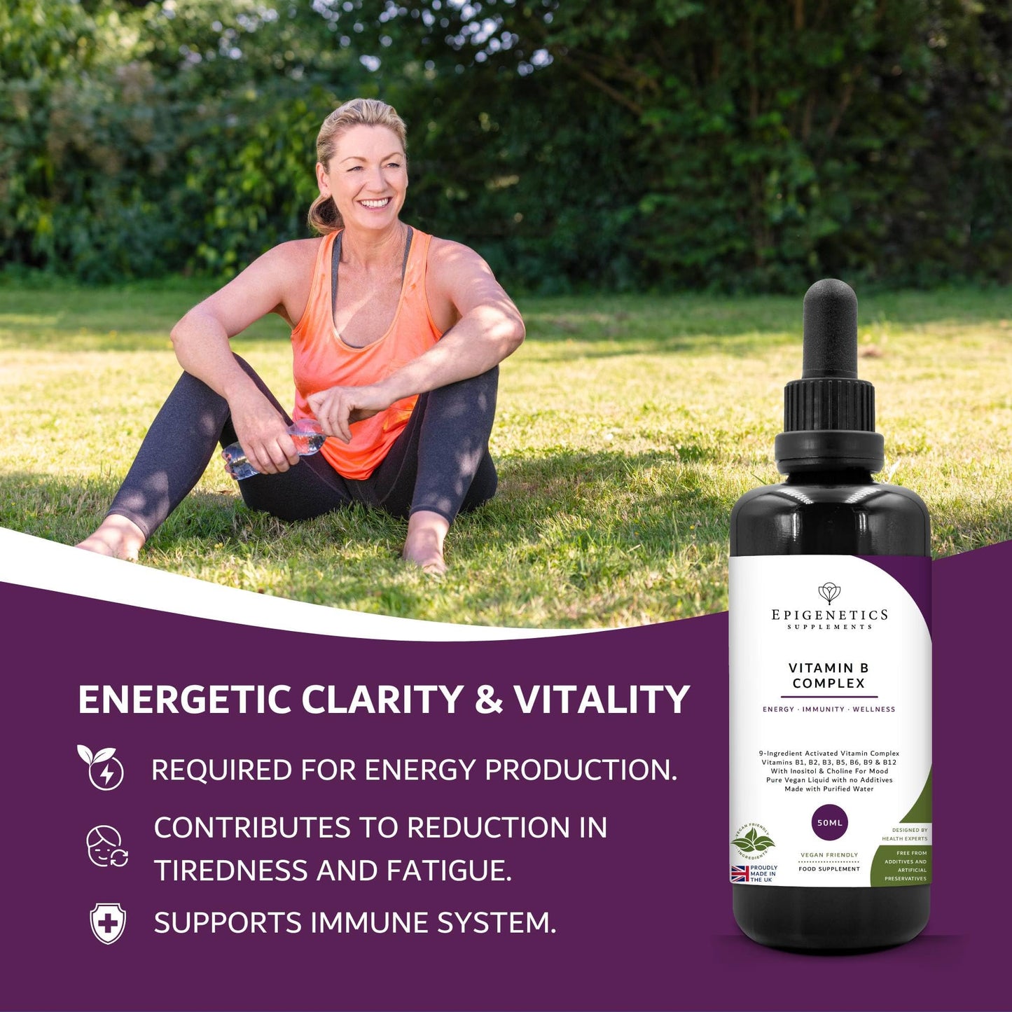 Epigenetics Vitamin B Complex Liquid Drops 50ml | 2 Months Supply, 66 Servings. High Strength Vitamin B12 Methylcobalamin & Adenosylcobalamin, B1, B2, B3, B5, B6 with Choline, Folic Acid | UK Made & Vegan