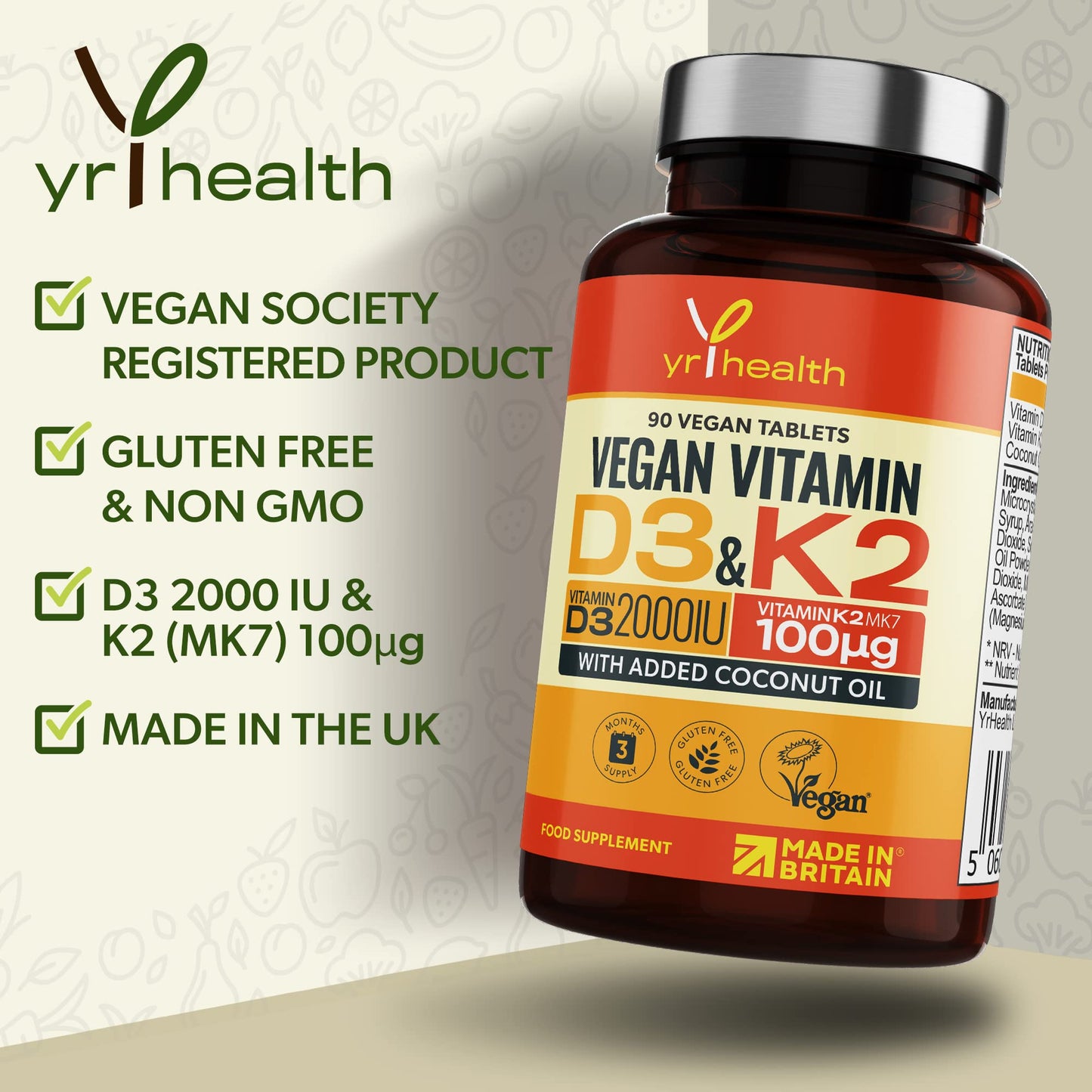 yrhealth Vegan Vitamin D3 K2 Tablets High Strength & Coconut Oil for Absorbtion - Vitamin D 2000iu & Vitamin K2 Mk7 100mcg Plant Based Supplement for Immune System, Bones, Blood Calcium Levels, Made in The UK