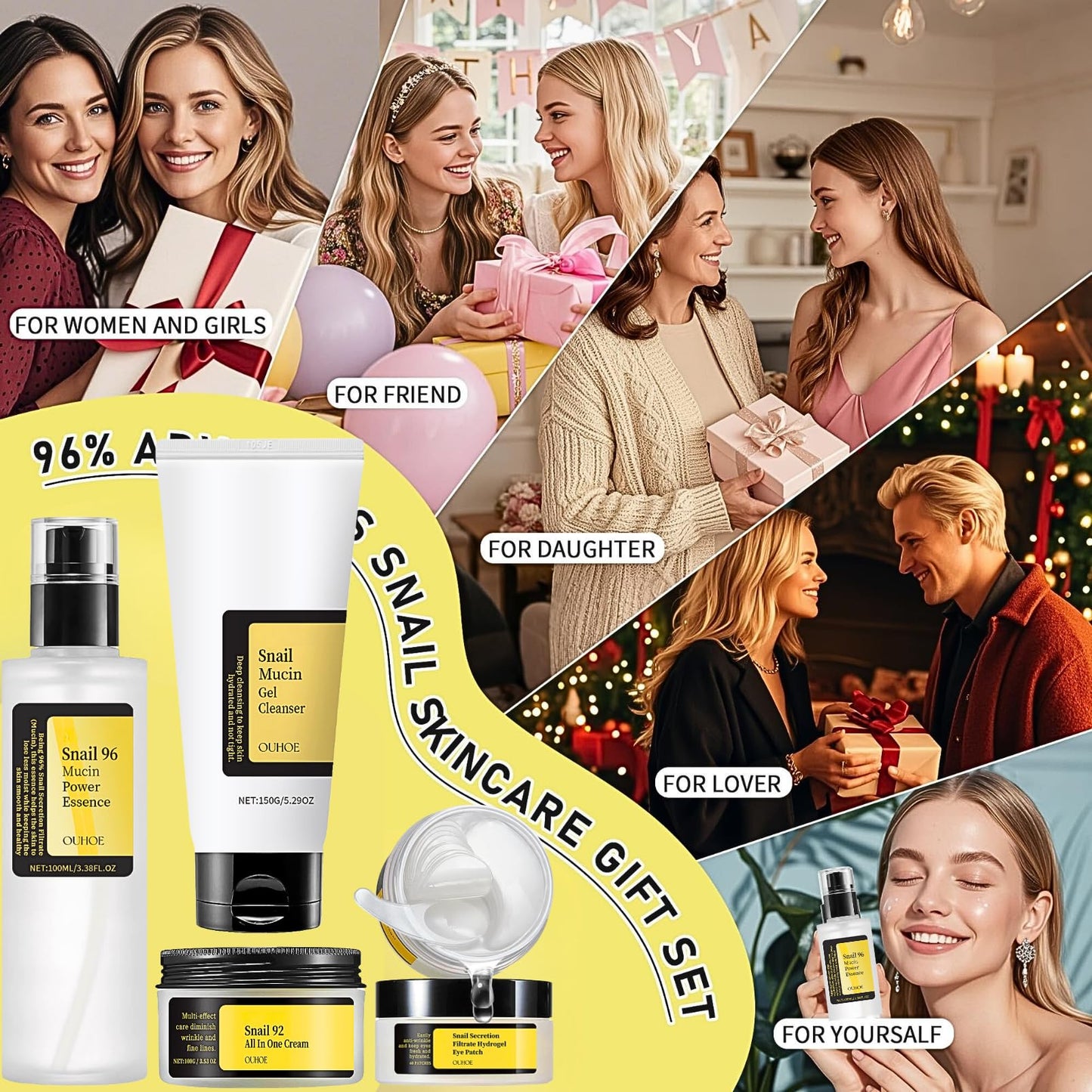 Snail Mucin Skin Care Set For Women, 4 PCS Snail Skin Care Sets & Kits For Girls, Facial Kit with With Face Cleanser, Serum, Face Cream, Eye Patches, Basic Skin Moisturiser Improve Dull Skin Wrinkle