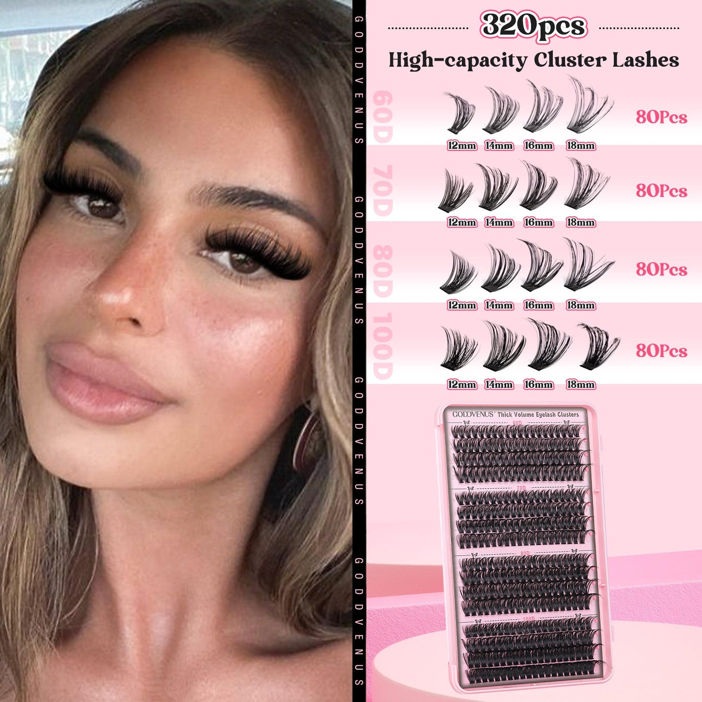 Goddvenus Fluffy Individual Eyelashes 60+70+80+100D Clusters Lashes 320Pcs Lash Clusters DIY Lashes Individual Cluster Russian D Curl Eyelash Clusters 12-18mm Mix Individual Lashes