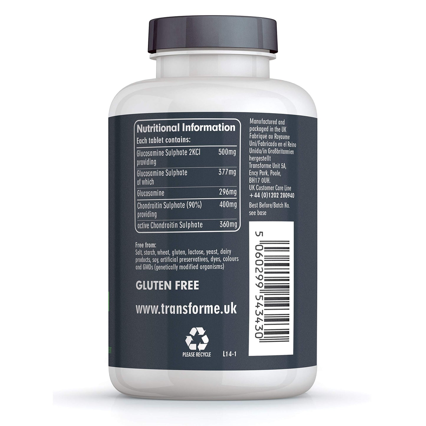 Transforme Glucosamine and Chondroitin 500mg/400mg High Strength Complex, 180 Tablets Up to 6 Months Supply, with Superior Chondroitin Sulphate (90% Potency), Gluten Free