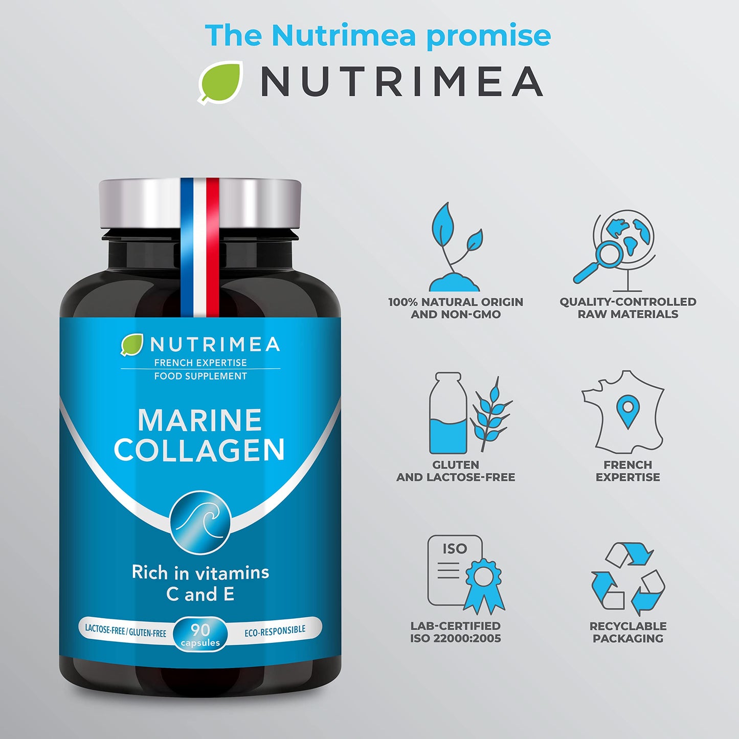 Pure Marine Collagen (900mg) - Enriched with Vitamins C and E – Patented Premium Type I & II Hydrolysed Collagen - Skin Hydration - Protect Bones and Joints - 90 Capsules - French Expertise