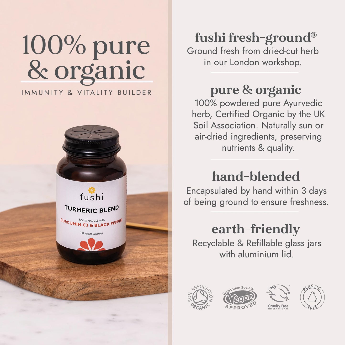 Fushi Turmeric C3 & BioPerine Extract High Strength, 60 Caps | 500 mg High Strength | Fresh-Ground | Min 95% Curcuminoids |Wholefood | Ethical & Vegan Society Approved | Manufactured in the UK