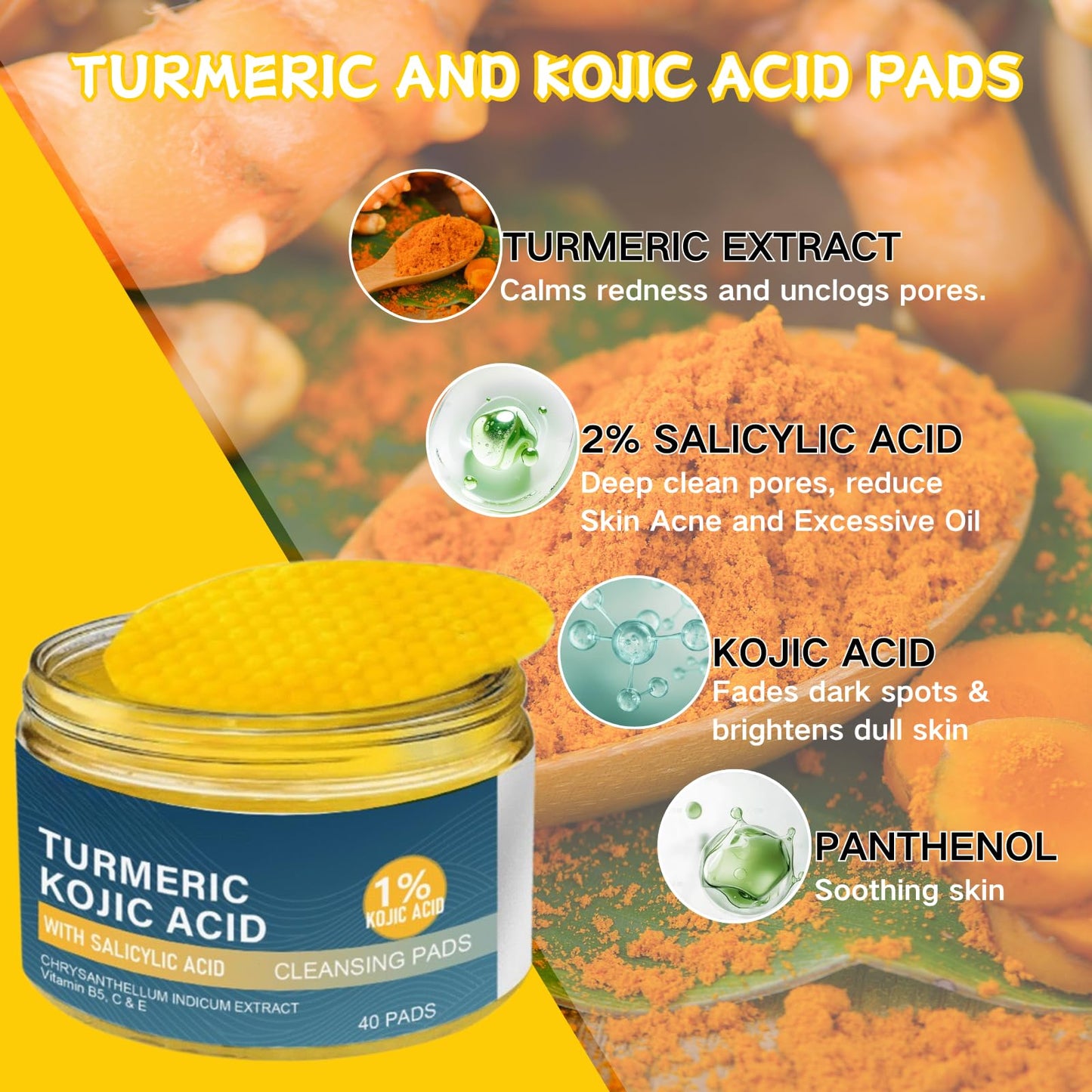 IZBEAUVO Turmeric Kojic Acid Cleansing Pads 40 - Turmeric Pads for Face Dark Spots, Face Exfoliator Pads, Dark Spot Remover for face, Turmeric Pads with Tweezers, Helps Balance Skin Oil And Water