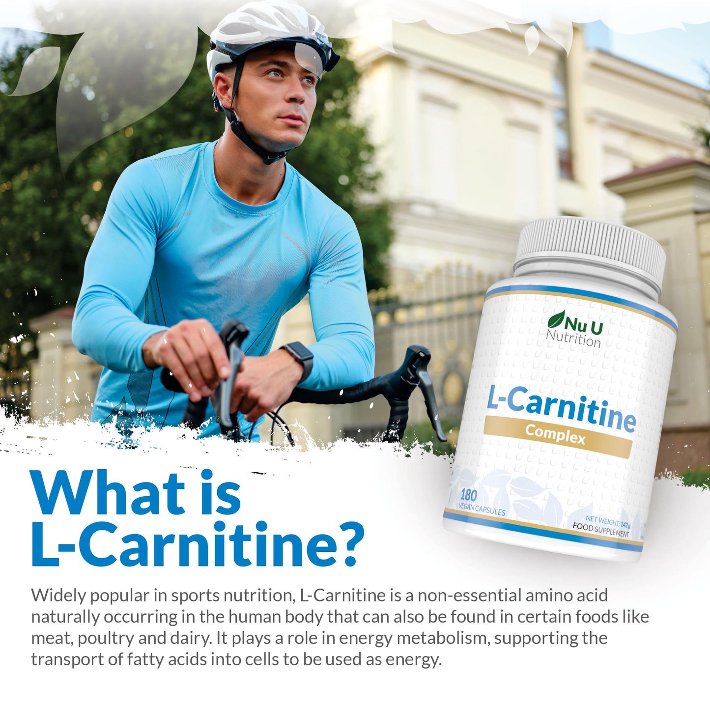 L-Carnitine Complex 2200mg - 180 High Strength Vegan Capsules - with Riboflavin, Biotin, Chromium, Vitamin D, B3 & B6 - L Carnitine Tartrate Supplement - Made in The UK - Nu U Nutrition