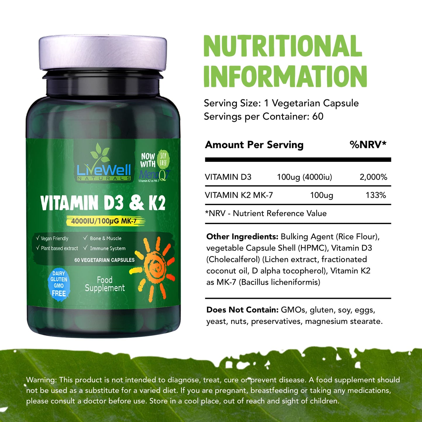 Vegan Vitamin D3 4000iu and Vitamin K2 MK7 100µg High Strength Completely Plant Based 60 Days Supply Vitamin D Vegan Tablets Gluten, GMO & Lanolin Free