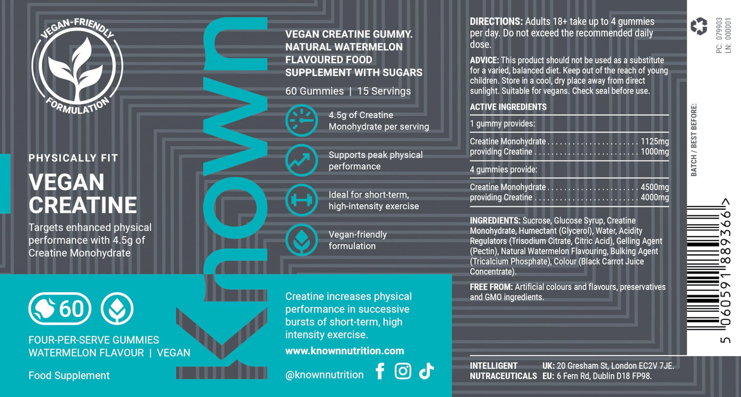Known Vegan Creatine Gummies – 4500mg Creatine Monohydrate – Watermelon Flavour – 60 Gummies 15 Days Supply – Third-Party Tested – Vegan Friendly